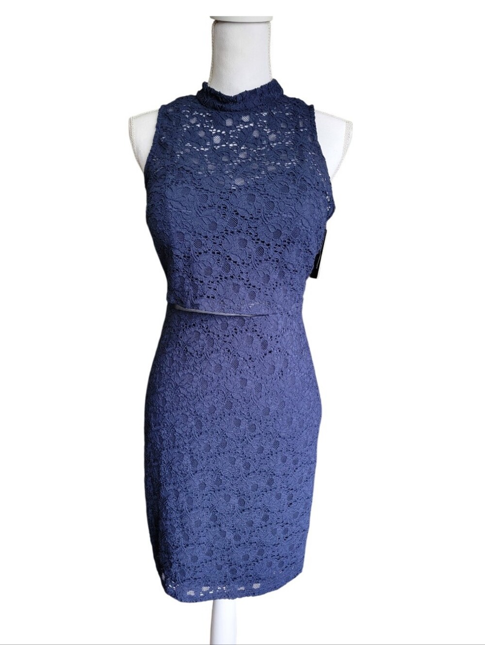 Guess Navy Blue Lace High-Neck Sheath Mini Dress